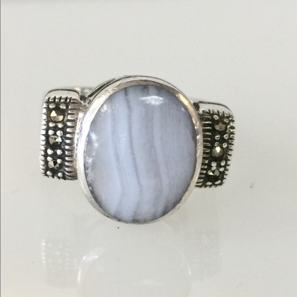 Blue Lace  Agate and accept marcasite ring .925 - Picture 1 of 9